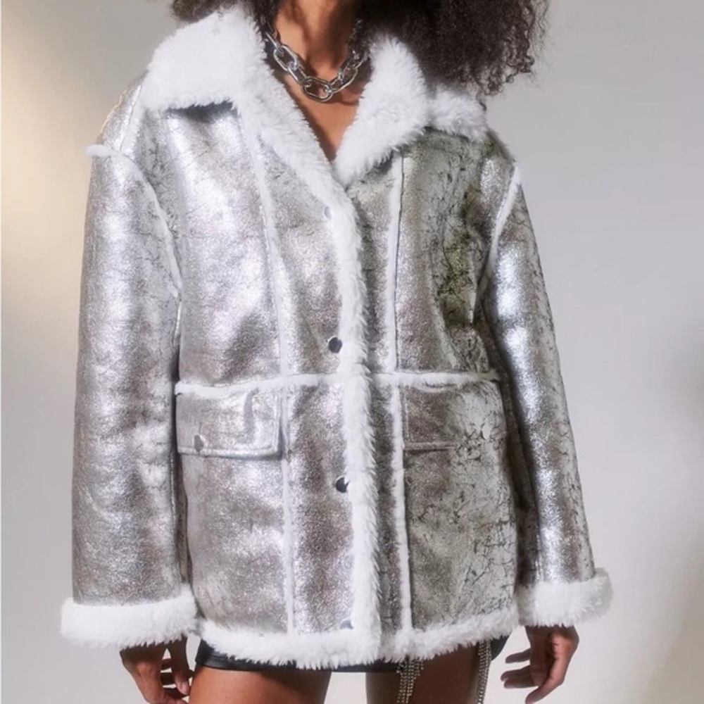 Urban Outfitters silver and fur coat